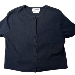 Large Vtg A. Byer Womens Black Button-Up Crop Top Short Cotton Made In USA 90s